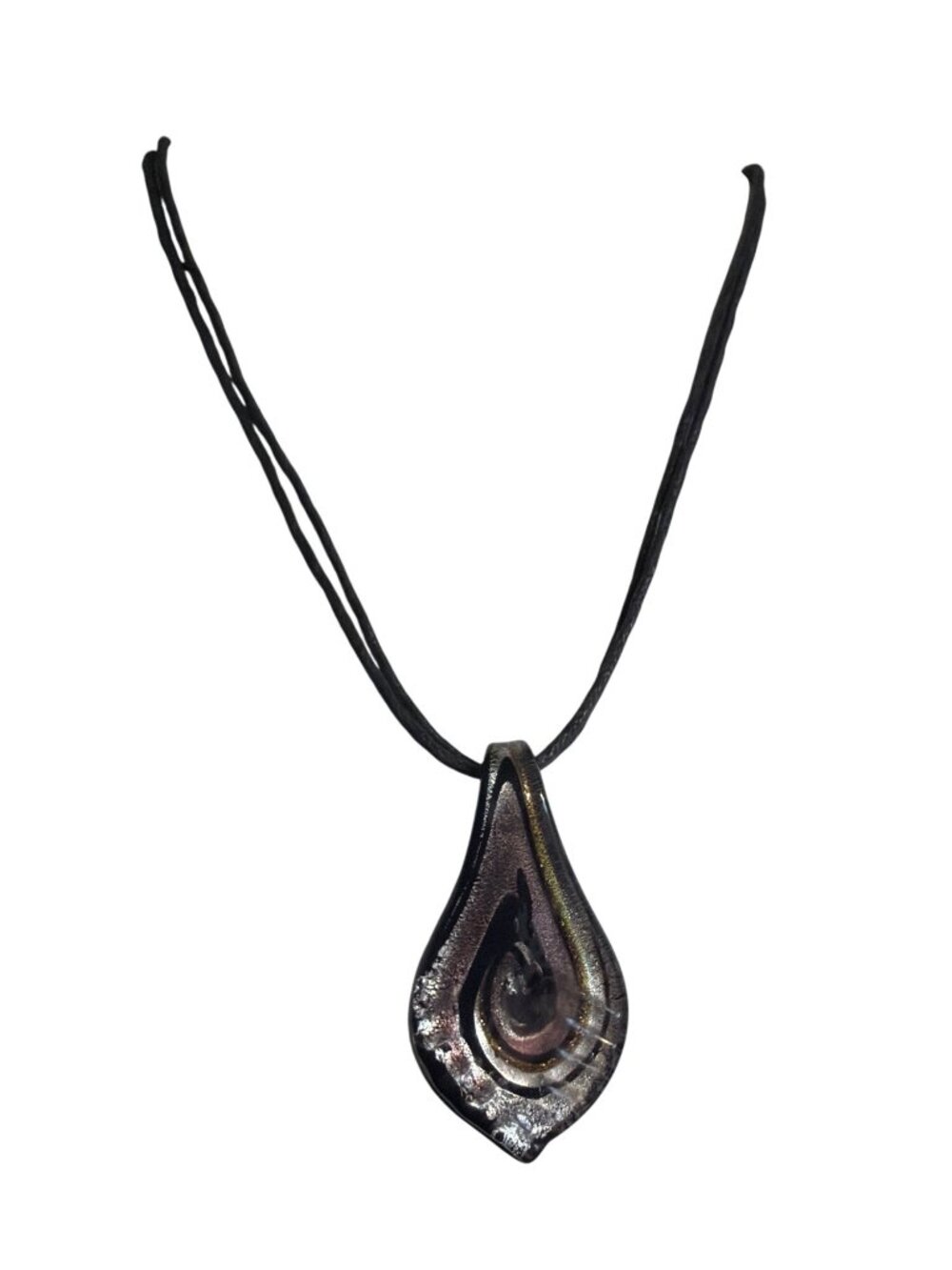 Black Double Cord Dichroic Glass Pendant Necklace Teardrop Black Gold Silver 21"